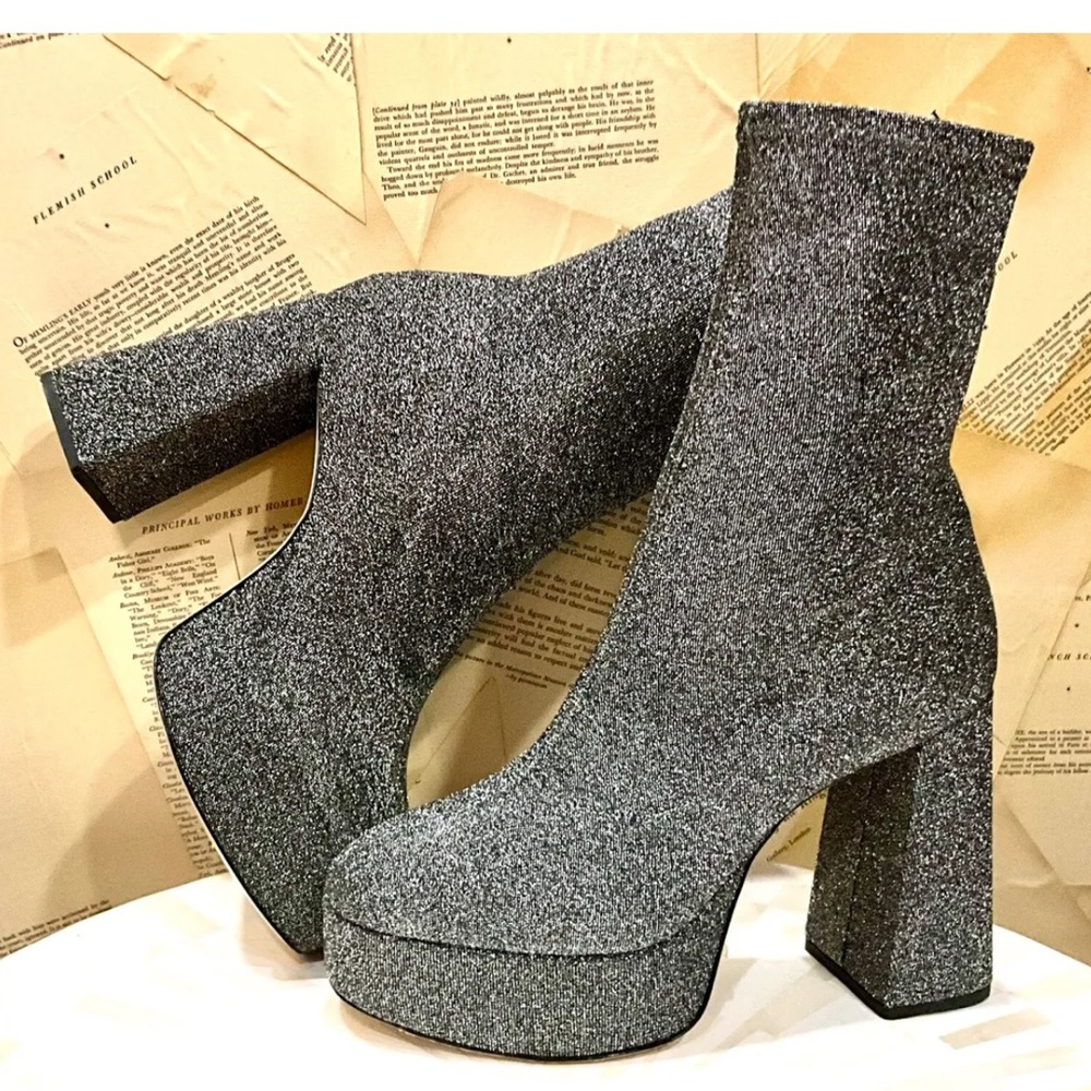 Anthropologie Larroude Dolly Stretch Boot Platform Silver Textile Zipper